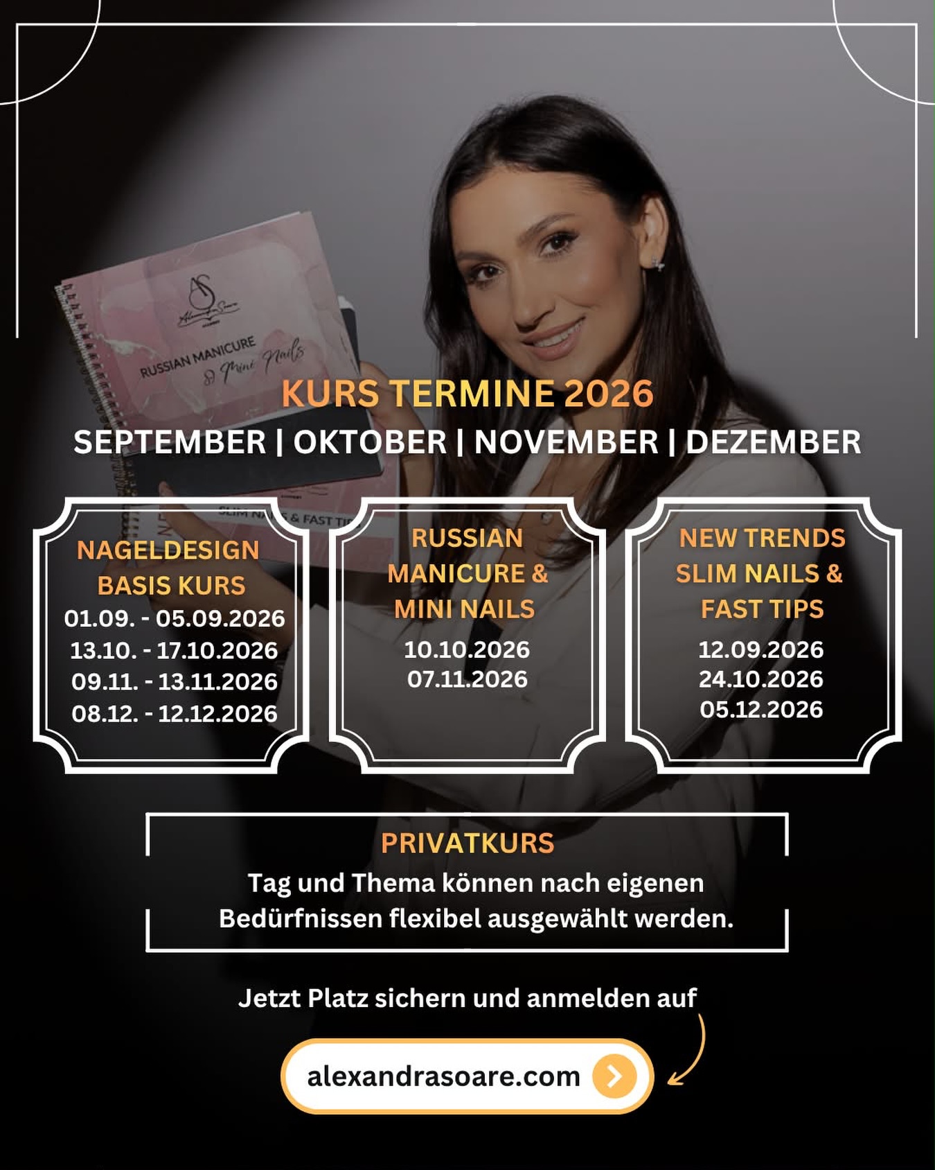 Kursprogramm September - Dezember 2026 
Die neuen Termine sind online!
• Basis Ausbildung
• Russian Manicure & Mini Nails
• New Trends: Slim Nails & Fast Tips
• 1:1 Privatkurse
Plätze sind limitiert - einige Plätze sind bereits belegt!  Sichere dir deinen Platz rechtzeitig.
• Schreib mir für Infos & Anmeldung oder Link im Bio 🤍

#nageldesignkurs  #nageldesignerin #nageldesignausbildung #gelnägel #russianmanicure

Nageldesign Ausbildung Wien · Nageldesign Kurs Wien · Nageldesign Ausbildung Österreich · Nageldesign Basiskurs · Nageldesignerin werden · Nageldesign lernen · Nageldesign für Anfänger · Nail Academy Wien · Nail Trainer Wien · professionelle Nagelausbildung · Russian Manicure · Russian Manicure Kurs · Russische Maniküre Ausbildung · Russian Manicure Wien · Mini Nails · Slim Nails · Slim Nails Kurs · Fast Tips · Fast Tips Kurs · Dual Tips · Nagelverlängerung · Naturnagelverstärkung · Gelmodellage · Maniküre Ausbildung · Kosmetikausbildung · Weiterbildung Kosmetikerin · Russian Manicure für Kosmetikerinnen · Beauty Weiterbildung Wien · Nail Education Austria · Nail Business · 1:1 Nageldesign Kurs · Privatkurs Nageldesign · Alexandra Soare Academy